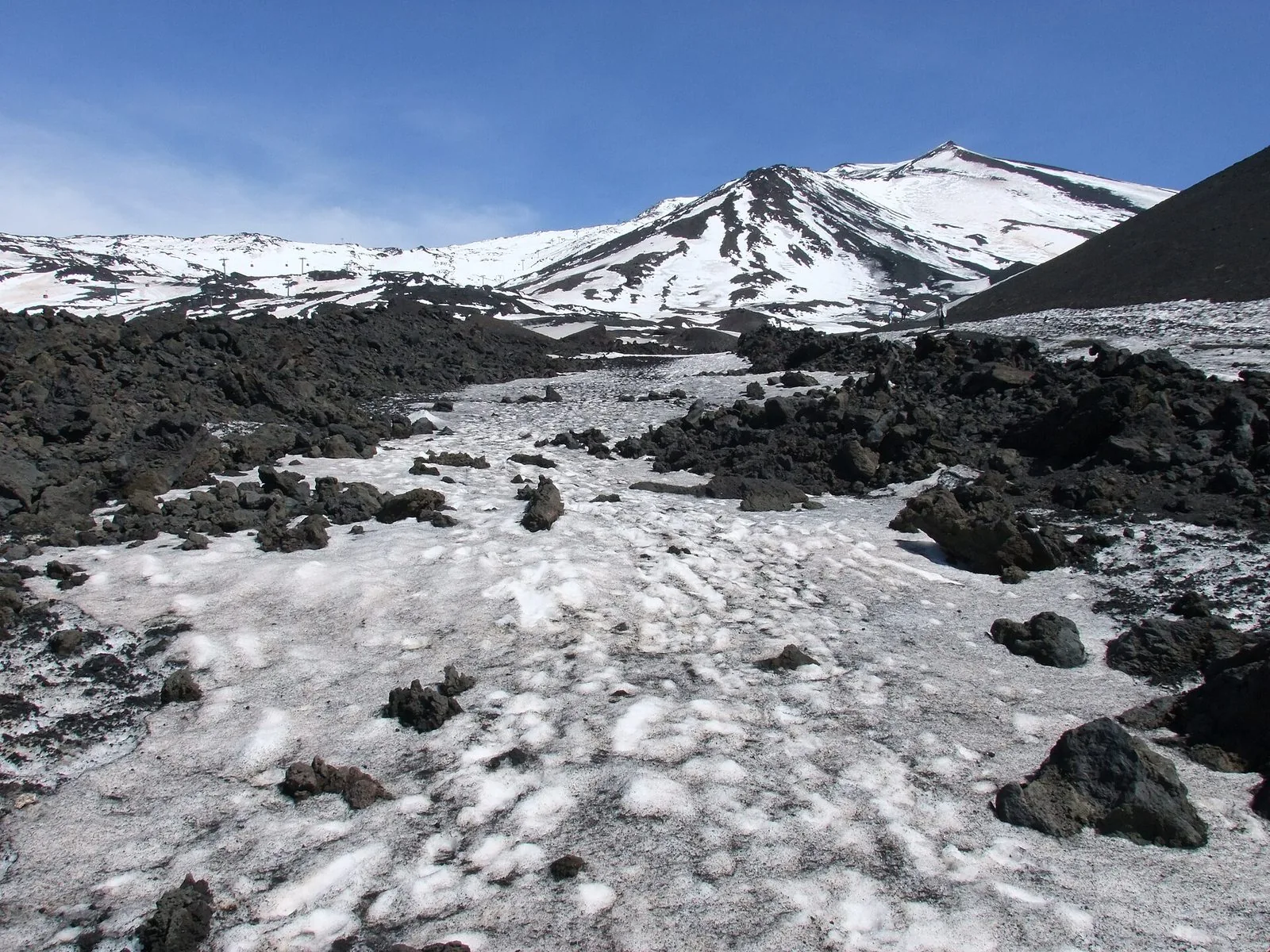Un sentiero innevato fra rocce di lava nera sulle pendici dell'Etna, con i crateri coperti di neve sotto un cielo azzurro e, in lontananza, alcuni impianti di risalita
